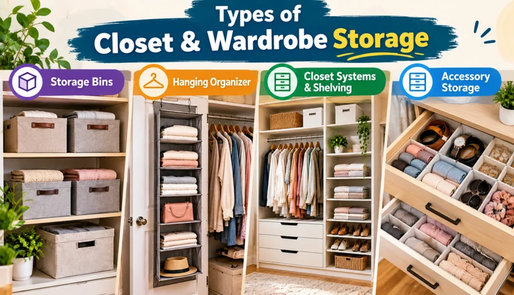 Types of Closet and Wardrobe Storage including storage bins, hanging organizers, closet shelving and accessory storage