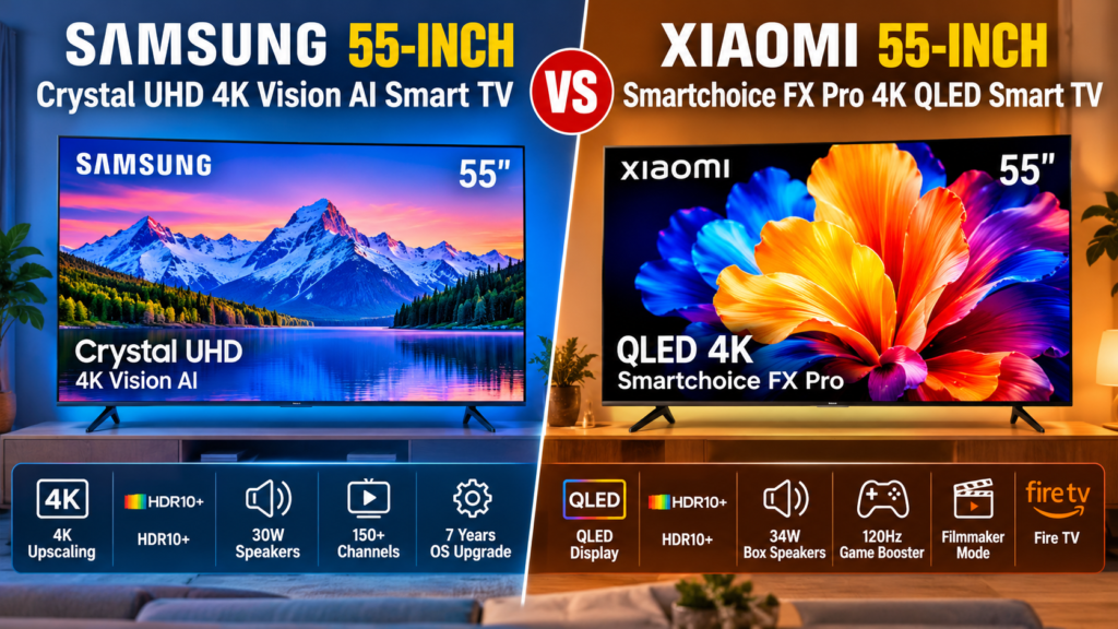 Samsung 55-inch Crystal UHD 4K Vision AI vs Xiaomi 55-inch FX Pro 4K QLED Smart TV comparison